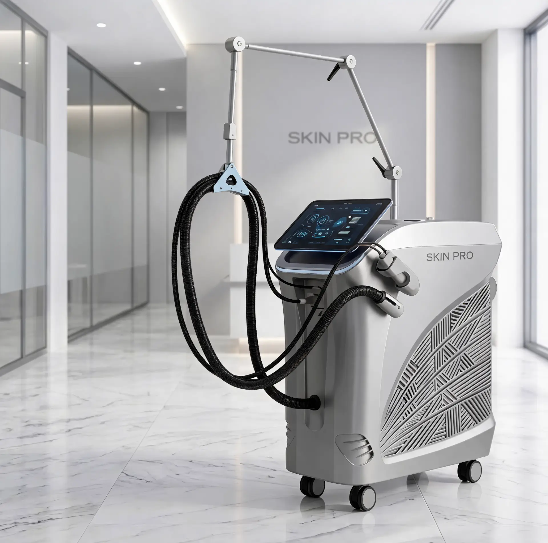 Plateforme Skin Pro Max avec bras articulé dans un showroom médical